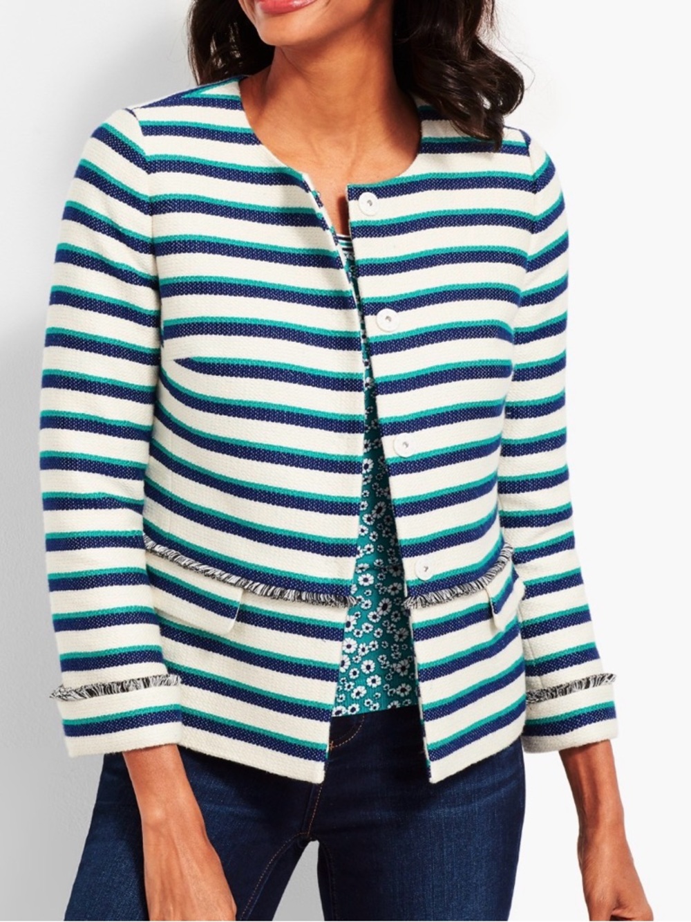 Talbots Striped Jacket Blue Cream Nautical Preppy Cotton Blend